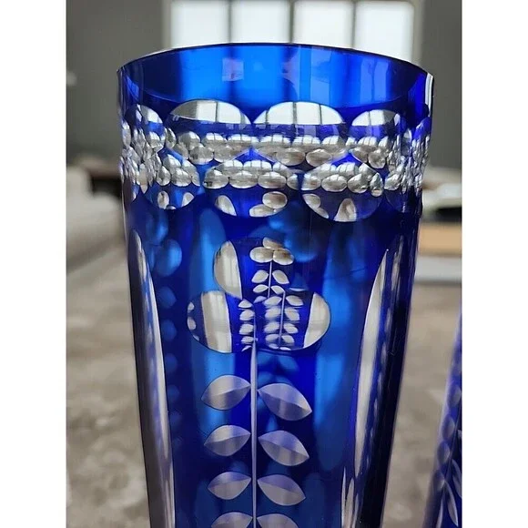 Cobalt Blue Bohemiun Crystal Vases, Pair 6" Tall - Picture 2 of 4